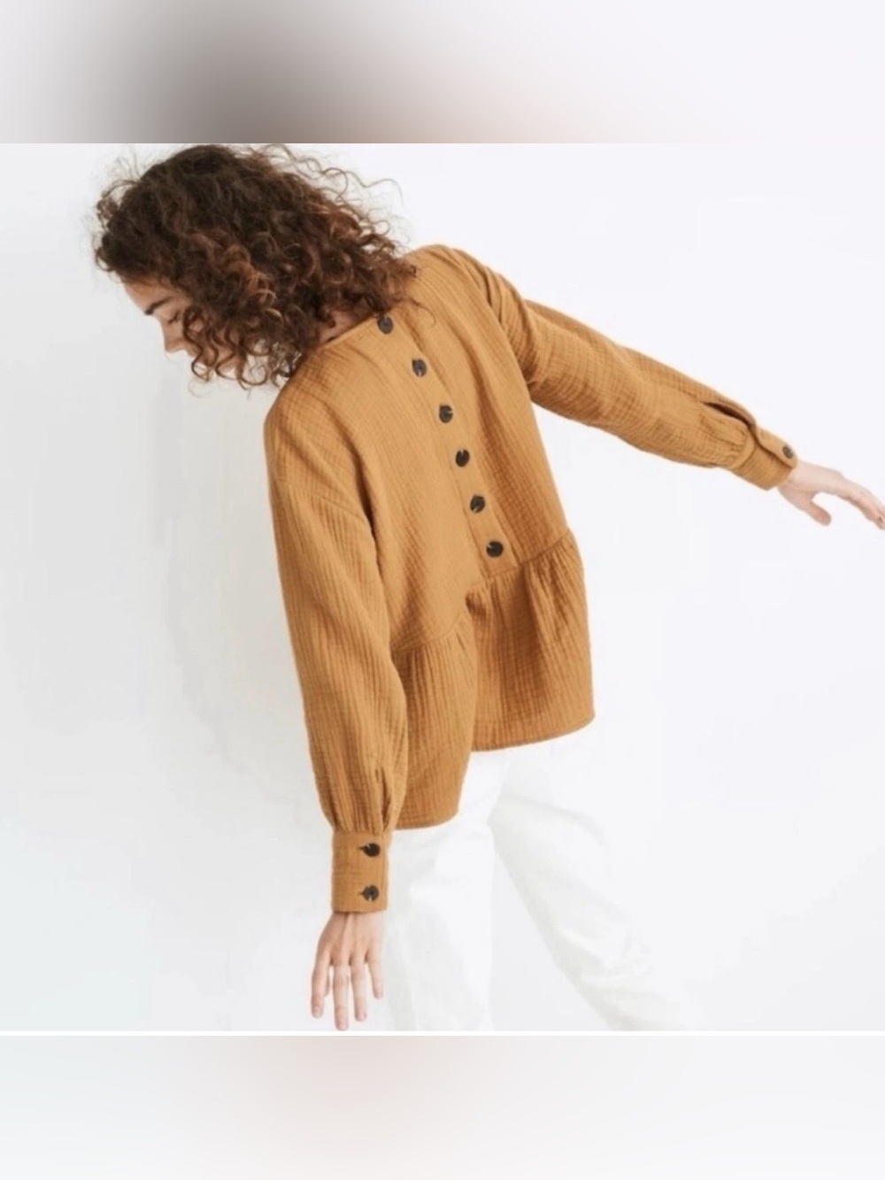 Madewell Textured Peplum Top XXS Brown Button Back Long Sleeve
